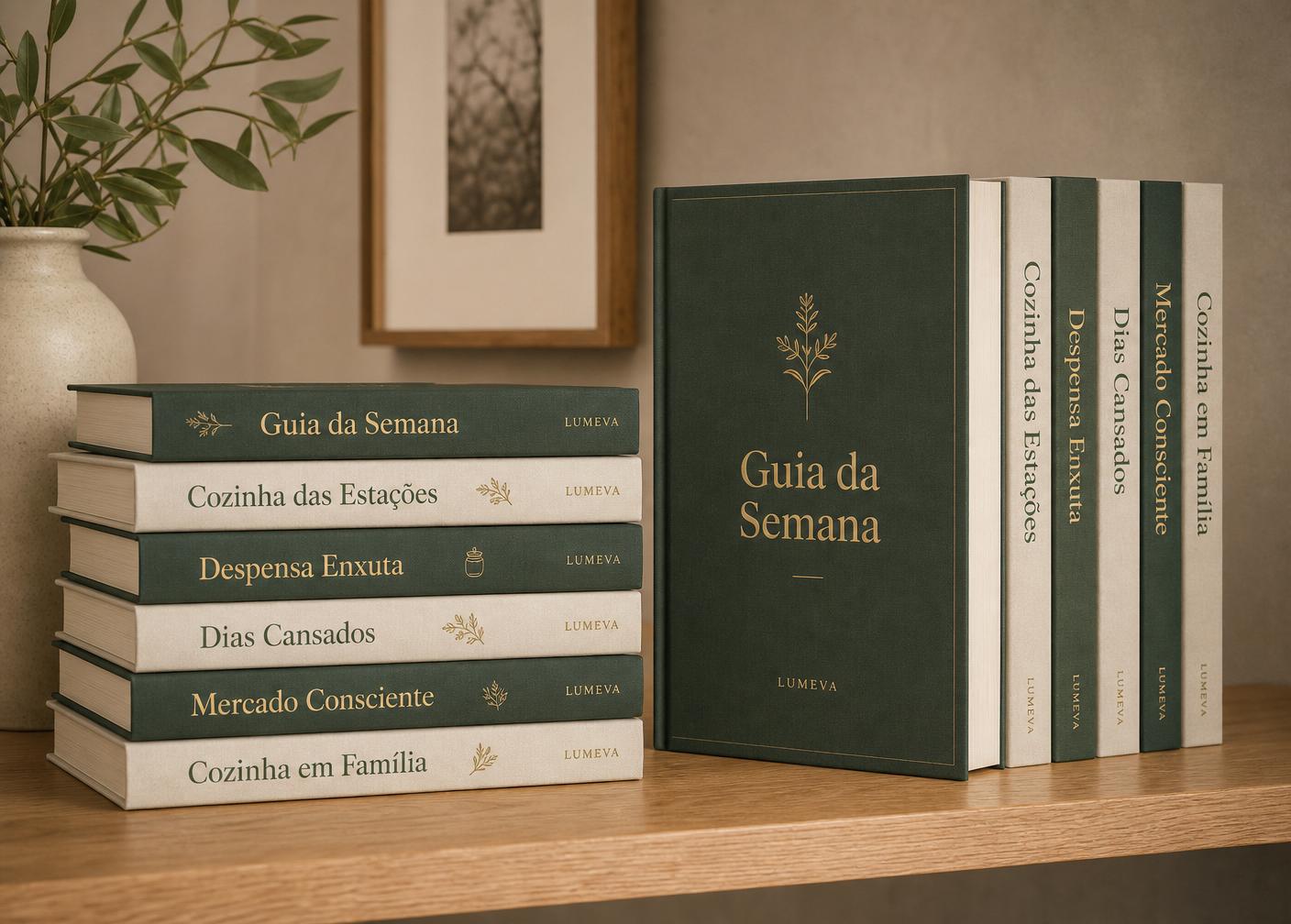 Coleção LUMEVA de livros brasileiros com capas em verde e detalhes dourados